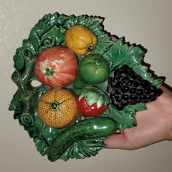 Majolica Portugal raised fruit plate wall decor 7.5"X8" vintage signed Wall Deco